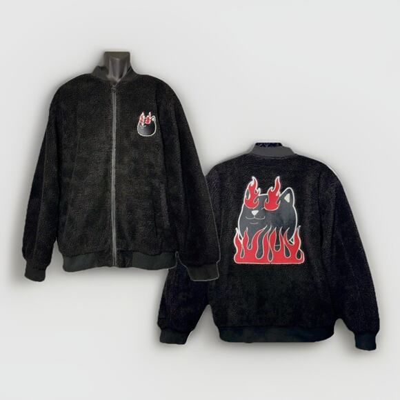 Ripndip Ignite Black Sherpa Jacket XL Pockets Red Lined Kitty Cat Flame Full Zip - Picture 1 of 10